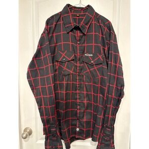 Demons Behind Me Mens XL Tall Flannel Shirt Black Red Grid Skull Patch Button Up